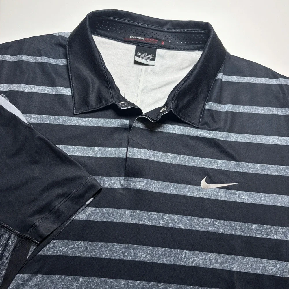 Nike Tiger Woods Collection Mens XL Dri-FIT Golf Polo Shirt ‎ Black Grey Striped